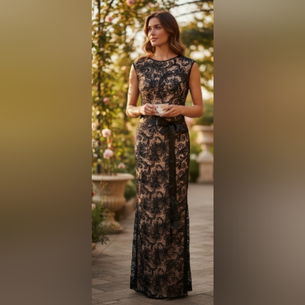 Tawny Black Lace and Tan Lining Formal Dress (Med)